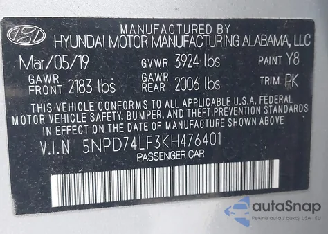 2019 Hyundai Elantra Se z USA, uszkodzony, nr VIN 5NPD74LF3KH476401